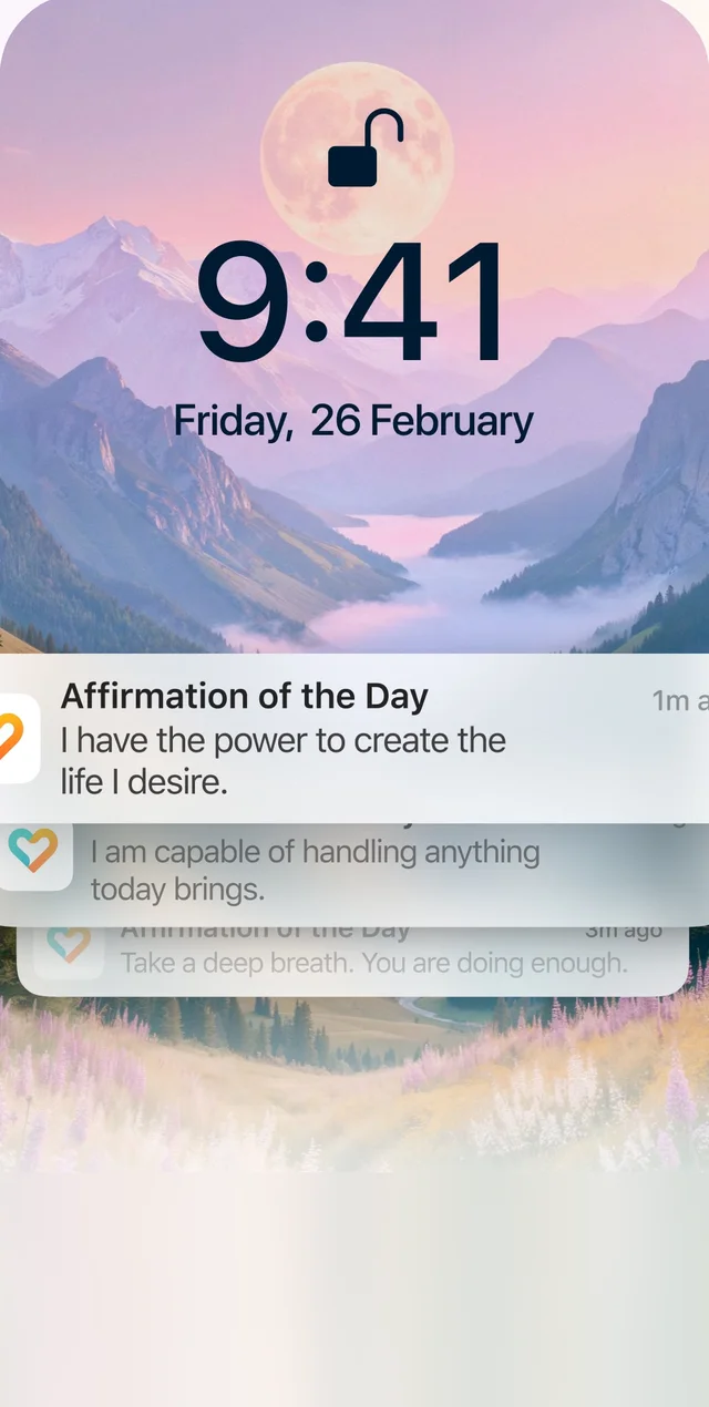 iPhone lock screen showing FeelScape affirmation notifications
