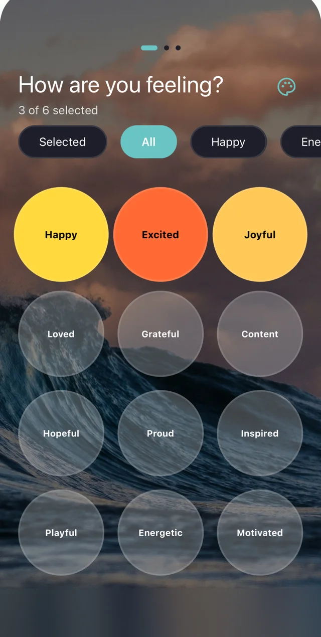 FeelScape mood picker with coloured mood circles