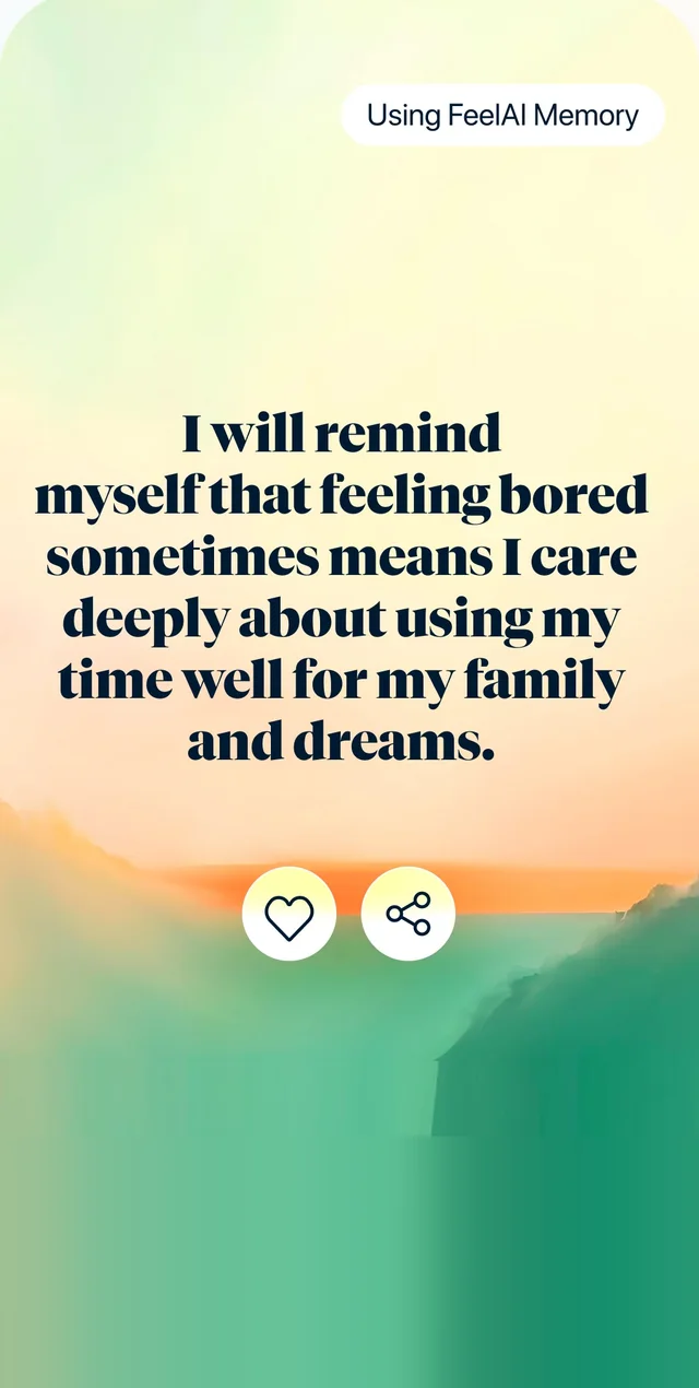 A FeelScape affirmation written using FeelAI Memory on a sunrise background